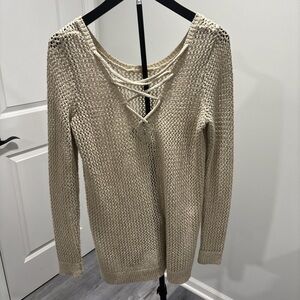 Lucky Brand Cream Open-Knit Lace-Up V-Neck Sweater